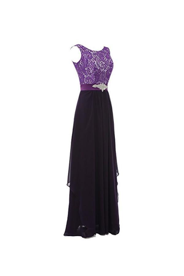 Round Neck Lace Sleeveless Long Prom Evening Dresses Bridesmaid Dress BD010 - Pgmdress