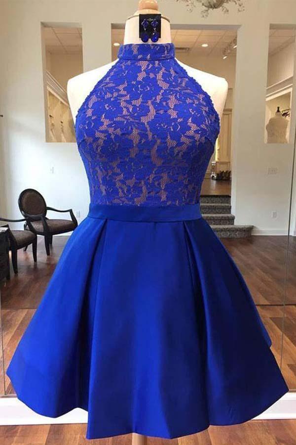 Royal Blue Halter Satin Short Prom Dresses Homecoming Dresses  PD161 - Pgmdress