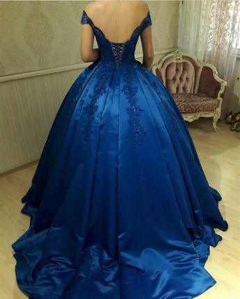 Royal Blue Off Shoulder Lace A line Long Evening Prom Dresses PG577 - Pgmdress