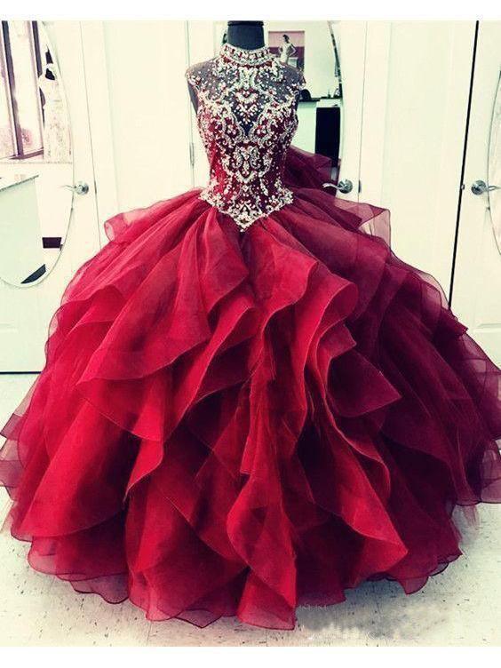 red 15s dresses Royal Blue Organza High Neck Quinceanera Dress Prom Dress PG726 US8 / Burgundy