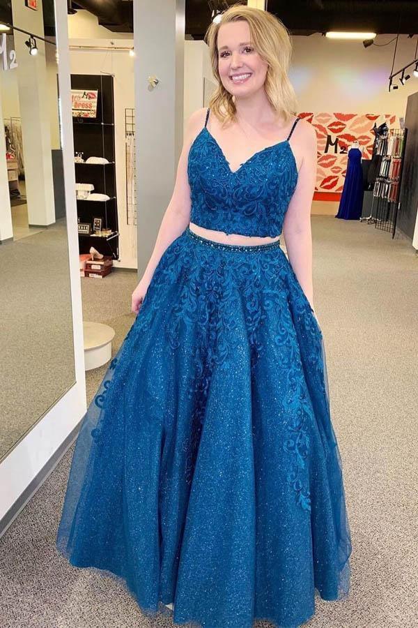 blue sparkle formal dress Royal Blue Sparkle Tulle Appliques Two Piece Prom Dress PSK095 US10 / Custom Color