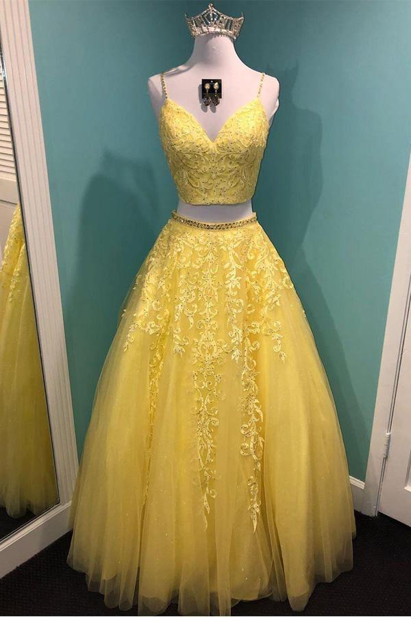 Royal Blue Sparkle Tulle Appliques Two Piece Prom Dress PSK095 Custom Size / Yellow Royal Blue Sparkle Tulle Appliques Two Piece Prom Dress PSK095 Custom Size / Yellow