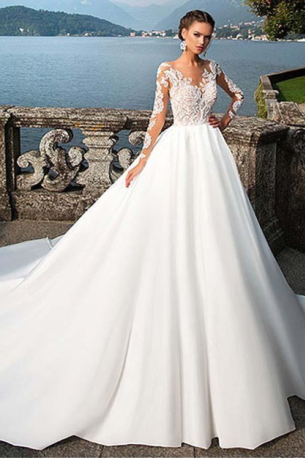 Satin Bateau Neckline A-Line Wedding Dress with Lace Appliques WD192 US18 / Ivory