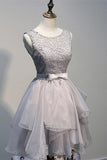 Scoop Backless Short Grey Organza Homecoming Dress with Appliques PG144