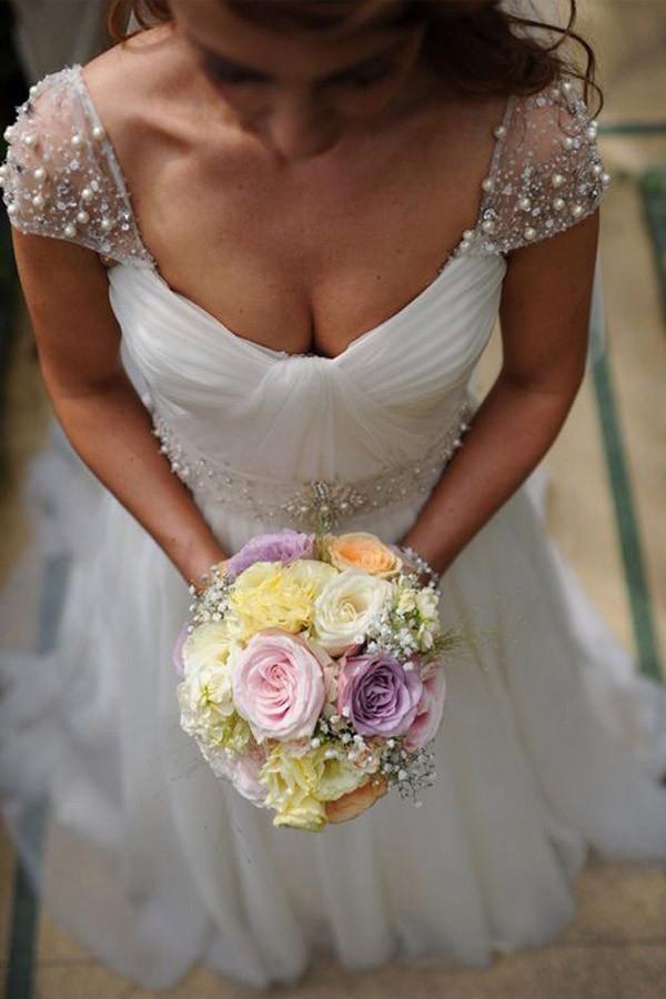 Scoop Cap Sleeves Sweep Train Beading Pleated Wedding Dress with Beading WD106 - Pgmdress