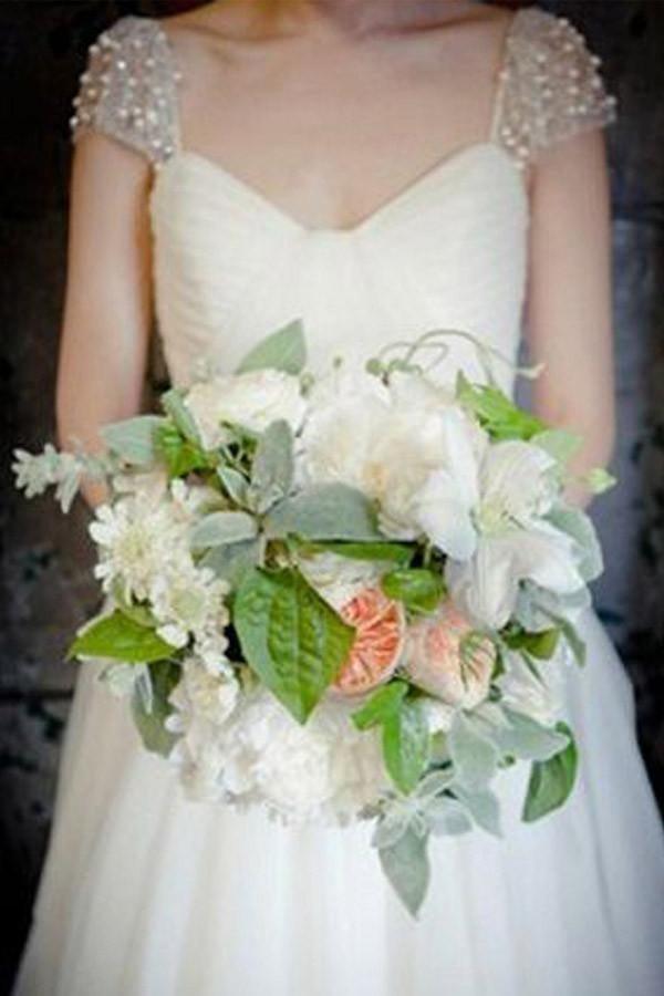 Scoop Cap Sleeves Sweep Train Beading Pleated Wedding Dress with Beading WD106 - Pgmdress