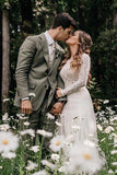 Scoop Long Sleeve Chiffon Wedding Dresses Backless Ivory Bridal Gown WD509 - Pgmdress