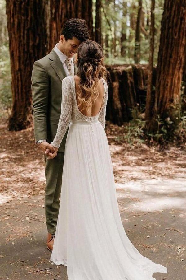 Scoop Long Sleeve Chiffon Wedding Dresses Backless Ivory Bridal Gown WD509 - Pgmdress