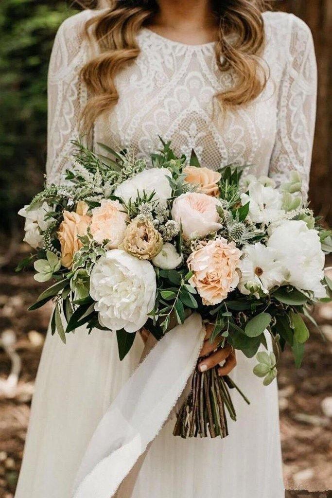 Scoop Long Sleeve Chiffon Wedding Dresses Backless Ivory Bridal Gown WD509 - Pgmdress