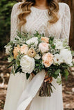 Scoop Long Sleeve Chiffon Wedding Dresses Backless Ivory Bridal Gown WD509 - Pgmdress