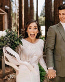 Scoop Long Sleeve Chiffon Wedding Dresses Backless Ivory Bridal Gown WD509 - Pgmdress