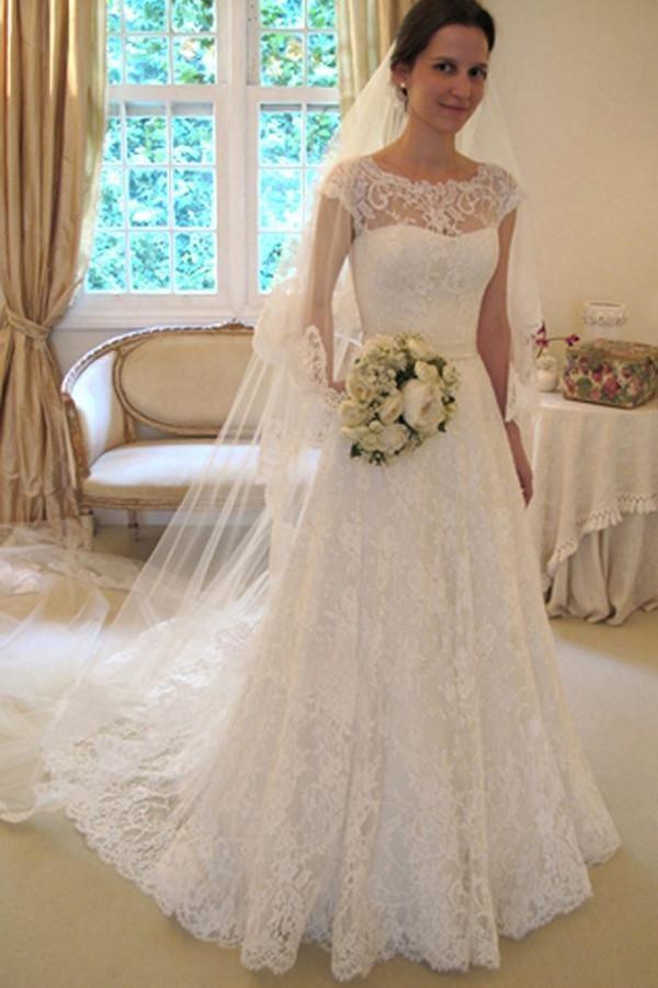 Scoop Neck Short Sleeve A-Line Lace Court Train Wedding Dress
