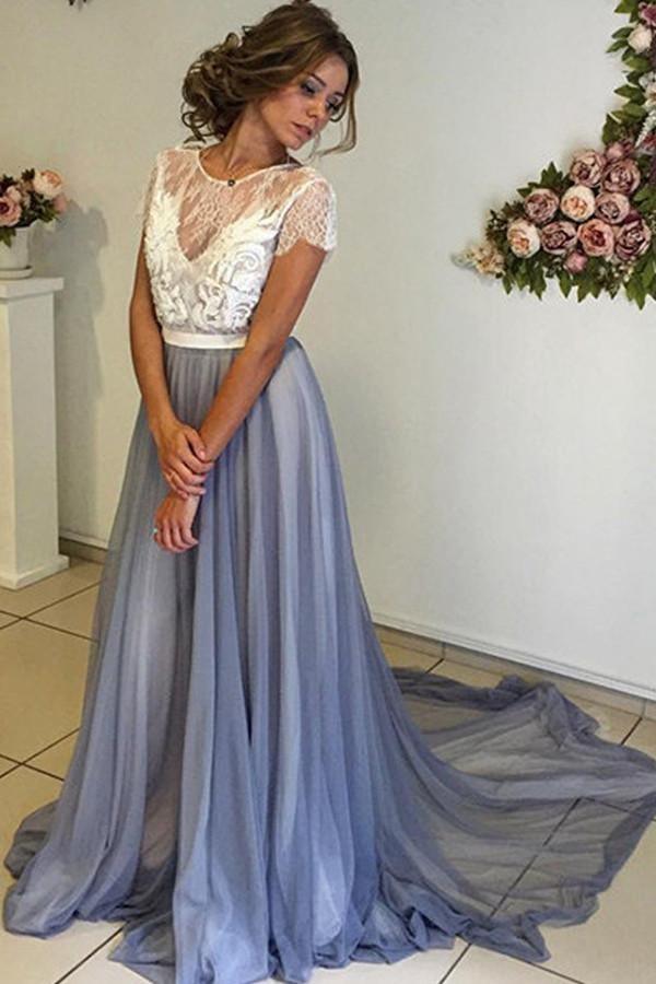 chiffon prom dresses with cap sleeves GL3065 | Cap Sleeves Boat Neck Chiffon A-line Dress