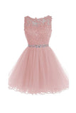 Kurzes rosa Heimkehrkleid aus Tüll mit Reißverschluss und Perlenstickerei PG097