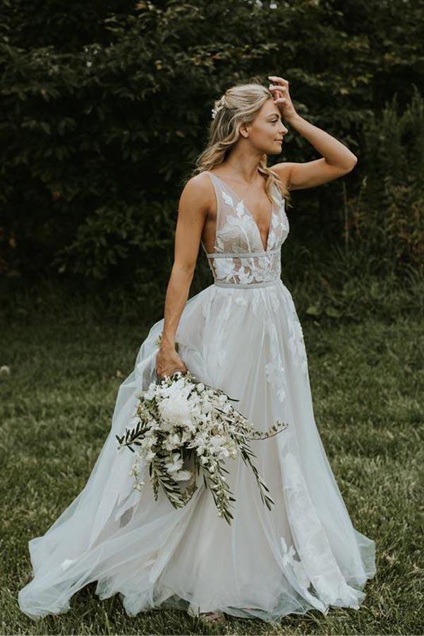 See Through Lace Ivory Tulle V-Neck V-Back Beach Wedding Dress WD419 US6 / Custom Color See Through Lace Ivory Tulle V-Neck V-Back Beach Wedding Dress WD419 US6 / Custom Color