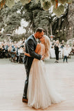 See Through Lace Ivory Tulle V-neck V-back Beach Wedding Dresses WD419 - Pgmdress