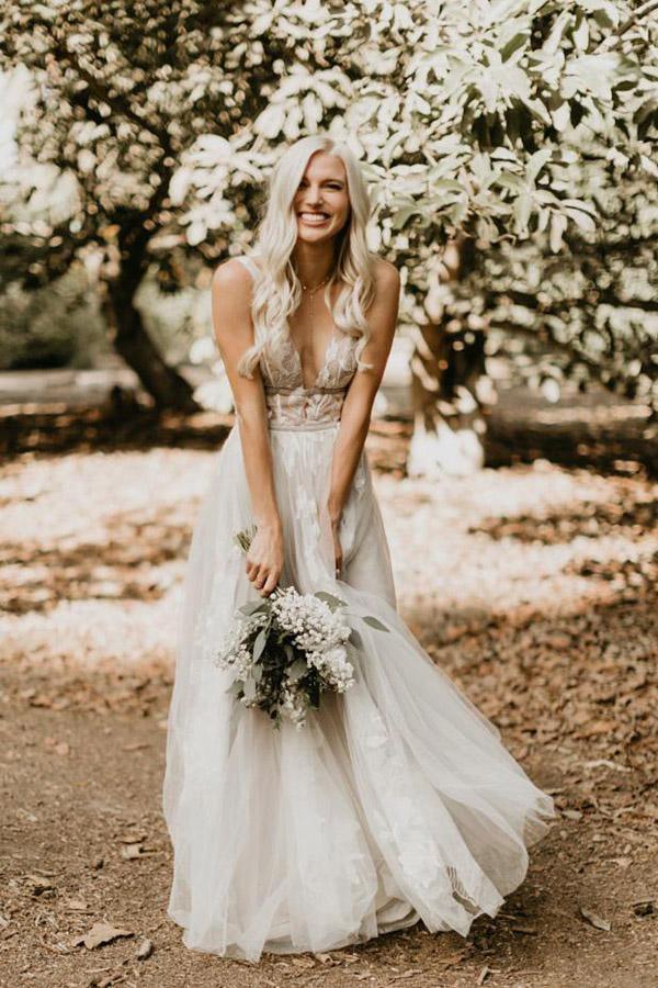 See Through Lace Ivory Tulle V-neck V-back Beach Wedding Dresses WD419 - Pgmdress