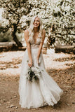 See Through Lace Ivory Tulle V-neck V-back Beach Wedding Dresses WD419 - Pgmdress