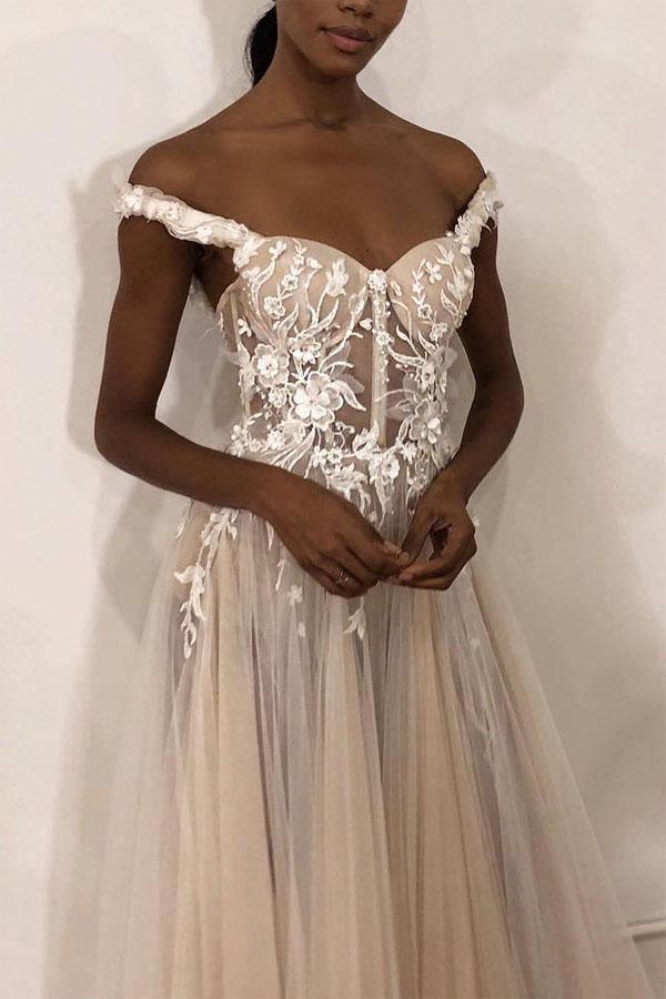 See-Through Off Shoulder Ivory Long Wedding Dress with Appliques WD363 - Pgmdress