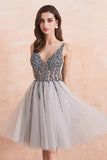 Sequins Beaded V-neck Tulle Short Prom Dresses Gray Homecoming Dresses PD336 - Pgmdress