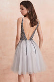 Sequins Beaded V-neck Tulle Short Prom Dresses Gray Homecoming Dresses PD336 - Pgmdress