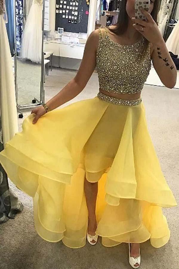 Sexy A-Line Light Blue Two Piece High Low Beading Prom Formal Dress US4 / Yellow Sexy A-Line Light Blue Two Piece High Low Beading Prom Formal Dress US4 / Yellow