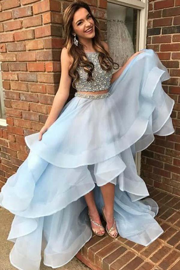 Sexy A-Line Light Blue Two Piece High Low Beading Prom Formal Dress US10 / Custom Color Sexy A-Line Light Blue Two Piece High Low Beading Prom Formal Dress US10 / Custom Color