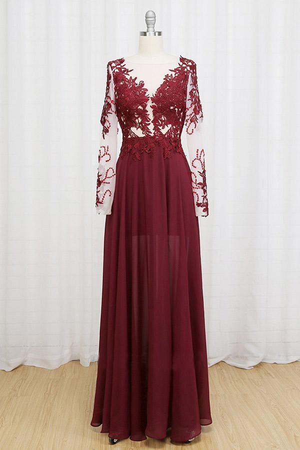 Sexy Black Long Sleeve Lace Prom Dress Evening Dress PG341 US18 / Burgundy Sexy Black Long Sleeve Lace Prom Dress Evening Dress PG341 US18 / Burgundy