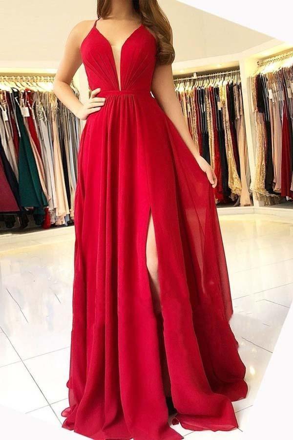 Sexy Chiffon Red Halter Side Slit Long Evening Prom Dress PG708 US12 / Red