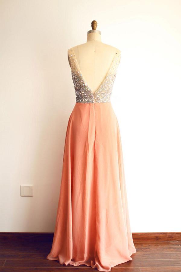 Sexy Crystal Beading Long Orange Chiffon Prom Dresses Bridesmaid Dress PG360 - Pgmdress