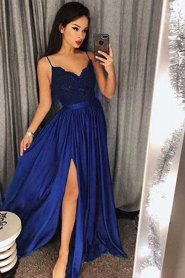 Sexy V-Neck Lace Bodice Dark Green Prom Dress Slit Side PG548 US6 / Royal Blue Sexy V-Neck Lace Bodice Dark Green Prom Dress Slit Side PG548 US6 / Royal Blue