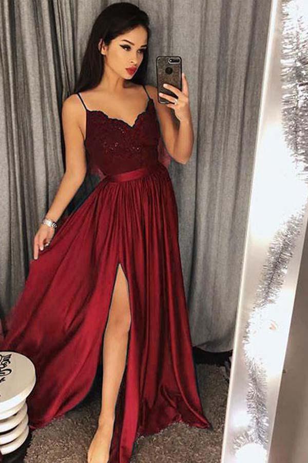 Sexy V-Neck Lace Bodice Dark Green Prom Dress Slit Side Pg548 US16 / Red Sexy V-Neck Lace Bodice Dark Green Prom Dress Slit Side Pg548 US16 / Red