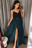 Sexy V-Neck Lace Bodice Dark Green Prom Dress Slit Side PG548