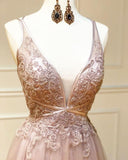 Sexy Deep V-neck Appliques A-Line Tulle Pink Long Prom Dress PSK108 - Pgmdress