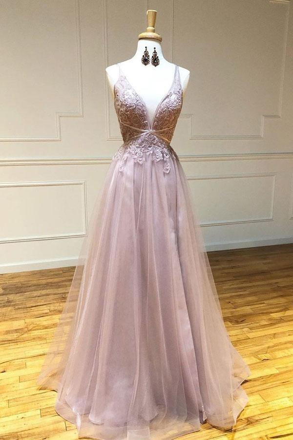 Sexy Deep V-neck Appliques A-Line Tulle Pink Long Prom Dress PSK108 - Pgmdress