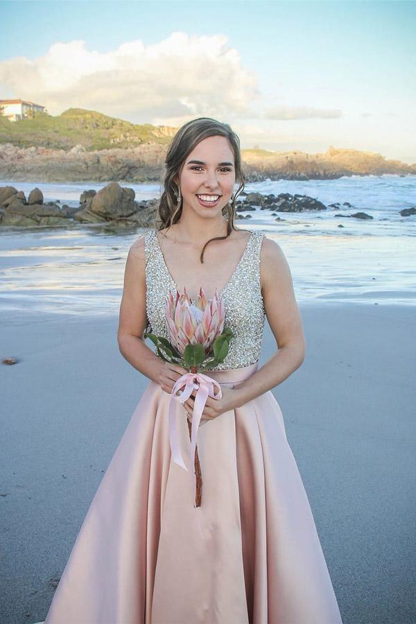 Sexy Deep V-Neck Beaded Bodice A-Line Blush Satin Prom Dress PSK013 Custom Size / Pink