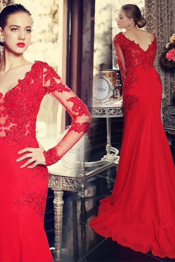 Sexy Mermaid Long Sleeves Red Prom Dress With Lace Appliques PG333 US0 / Custom Color