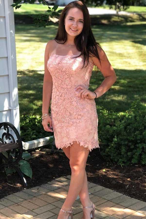 Sexy Strapless Tight Pink Lace Short Prom Dress Homecoming Dress US2 / Pink Sexy Strapless Tight Pink Lace Short Prom Dress Homecoming Dress US2 / Pink