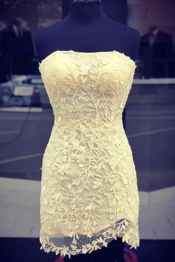 Sexy Strapless Tight Pink Lace Short Prom Dress Homecoming Dress US14 / Yellow Sexy Strapless Tight Pink Lace Short Prom Dress Homecoming Dress US14 / Yellow