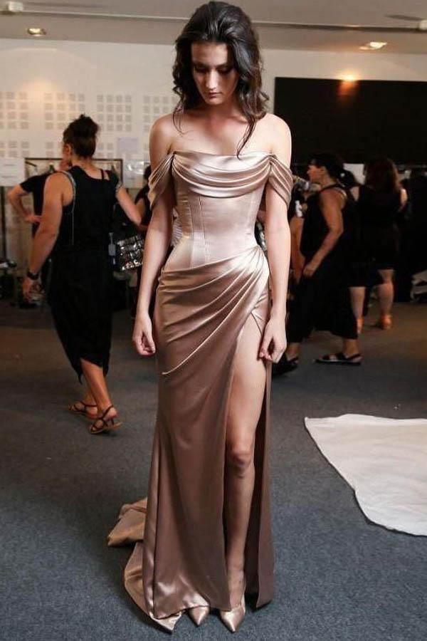 Sheath Off-The-Shoulder Gold Sweep Train Prom Dress with Split PG809 US14 / Gold Sheath Off-The-Shoulder Gold Sweep Train Prom Dress with Split PG809 US14 / Gold