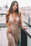 Sheath V-Neck Backless Long Rose Gold Sequined Prom Evening Dress PG801 - Pgmdress