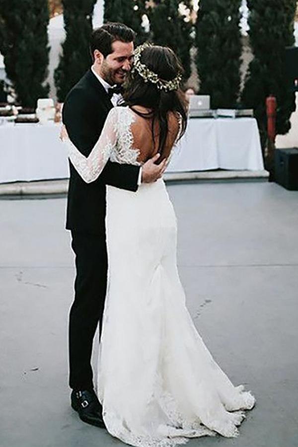 Sheath V-Neck Long Sleeves Backless Tulle Wedding Dress with Appliques WD529 - Pgmdress