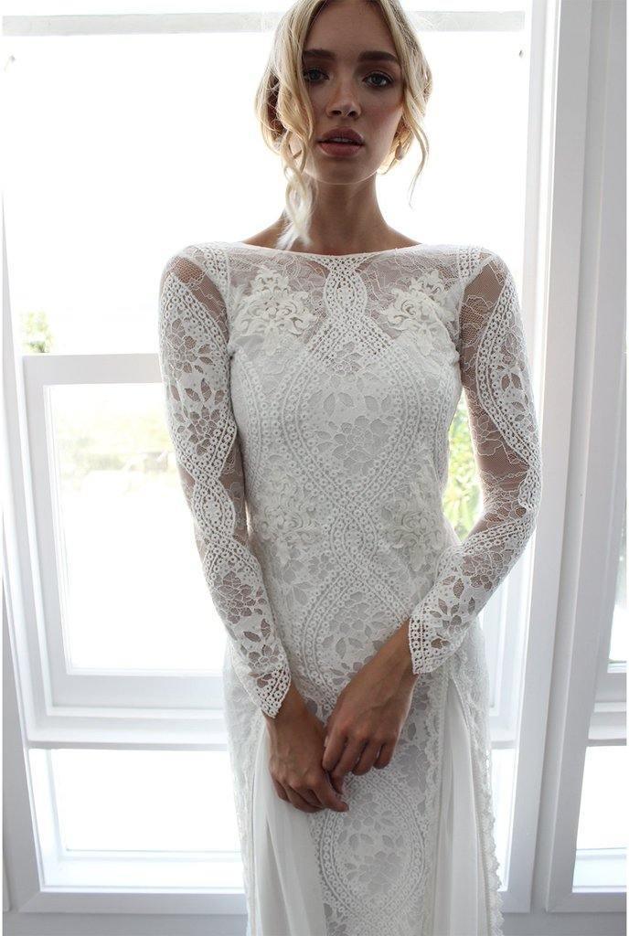Sheath Lace Open Back Rustic Wedding Dress with Long Sleeve WD487 US4 / Ivory