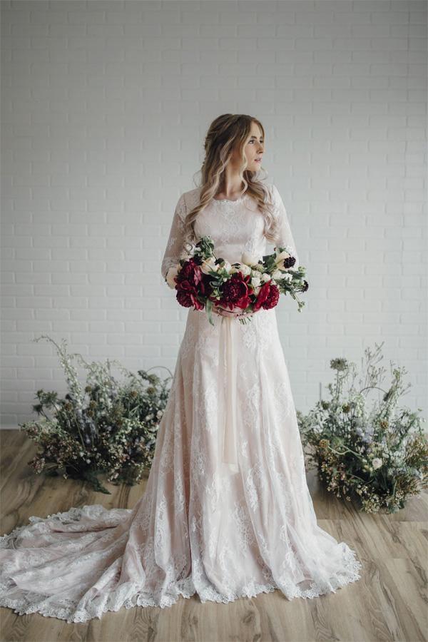 Sheer Long Sleeves Lace Modest Bride Dress Wedding Gown WD530 - Pgmdress