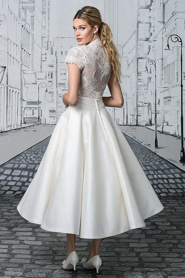 Short Wedding Dresses V-neck Lace Tea-length Ivory Simple Bridal Gown WD422 - Pgmdress