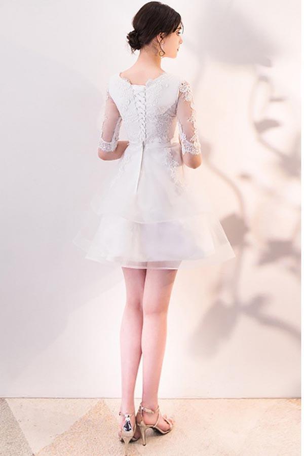 Short White Lace Ruffled Party Dress Homecoming Dresses With Half Sleeves PD063 - Pgmdress