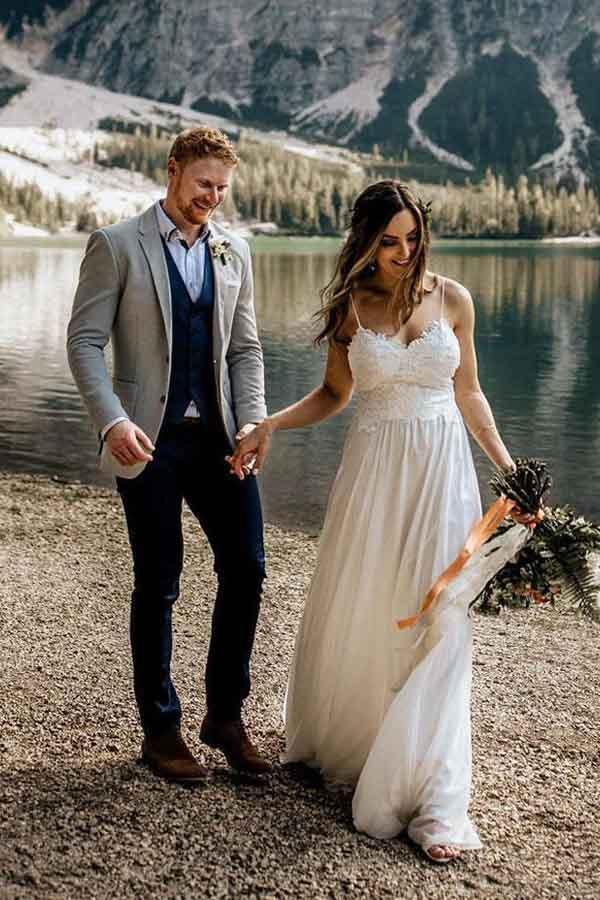 Simple A-line Spaghetti Straps Beach Chiffon Wedding Dresses with Lace WD317 - Pgmdress