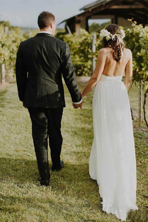 Simple A-line Spaghetti Straps Beach Chiffon Wedding Dresses with Lace WD317 - Pgmdress