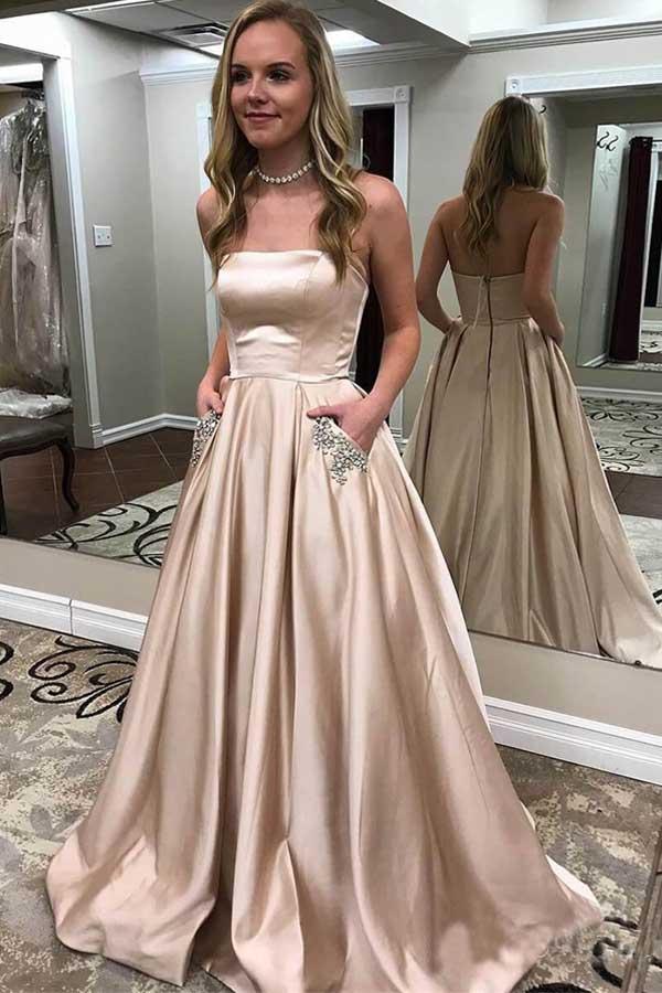 Simple A-line Long Prom Dress Evening Dress With Pocket PG523 US10 / Nude Simple A-line Long Prom Dress Evening Dress With Pocket PG523 US10 / Nude