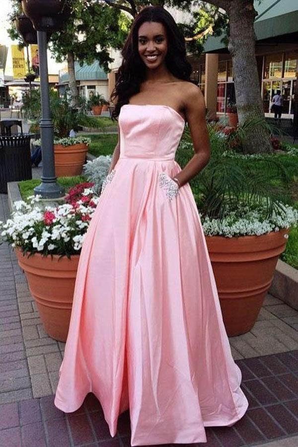 Simple A-line Strapless Long Prom Dresses Evening Dresses With Pocket –  Pgmdress